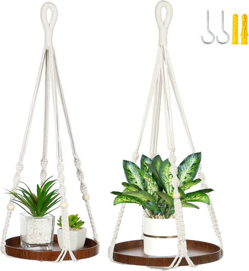 Shineloha 2 Pack Macrame Plant Hanger | Plant Hanger Indoor, Hanging Planter Shelf | Hanging Planter (Beige) (1 Large + 1 Medium) - Image 1