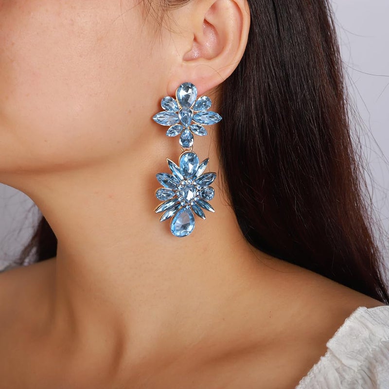 YERTTER Vintage Colorful Crystal Drop Dangle Earrings Flower Chic Rhinestone Earrings Long Ear Stud for Wedding Women Brides (Light Blue) - Image 3