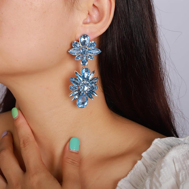 YERTTER Vintage Colorful Crystal Drop Dangle Earrings Flower Chic Rhinestone Earrings Long Ear Stud for Wedding Women Brides (Light Blue) - Image 2