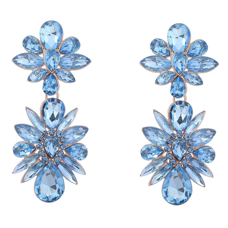 YERTTER Vintage Colorful Crystal Drop Dangle Earrings Flower Chic Rhinestone Earrings Long Ear Stud for Wedding Women Brides (Light Blue) - Image 5