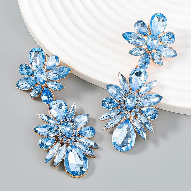 YERTTER Vintage Colorful Crystal Drop Dangle Earrings Flower Chic Rhinestone Earrings Long Ear Stud for Wedding Women Brides (Light Blue) - Image 4