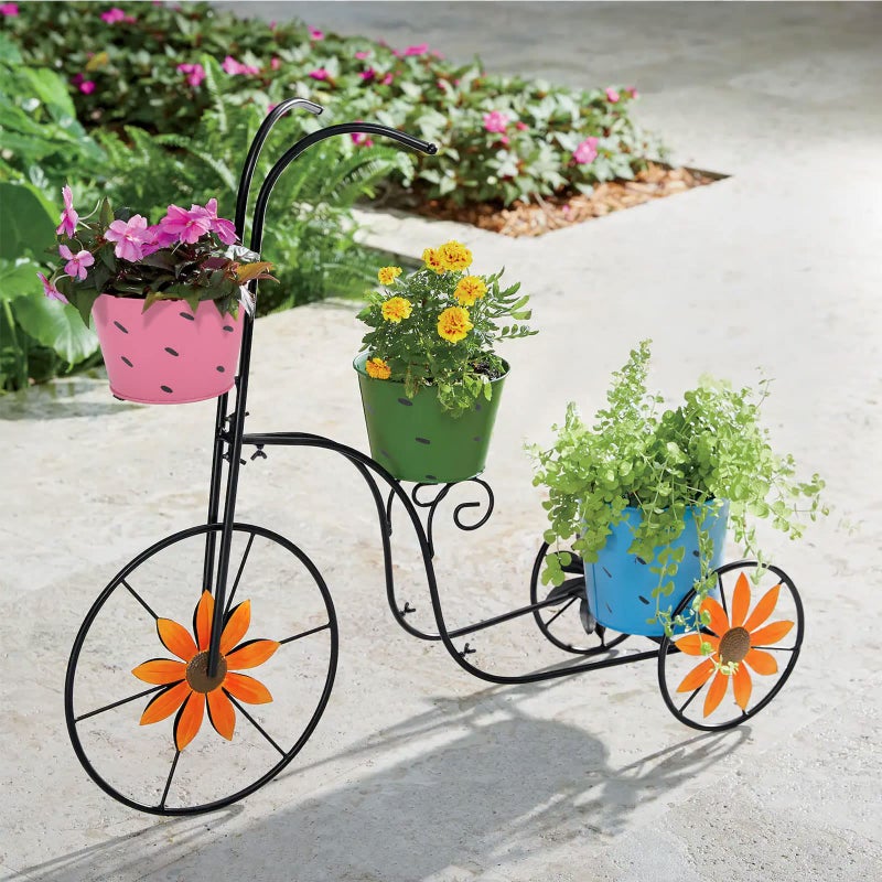 BAYN Bicycle Planter Stand, Metal Flower Pot Cart Holder with 3 Plant Bucket Outdoor Decorative for Patio, Deck, Garden or Lawn - Image 1