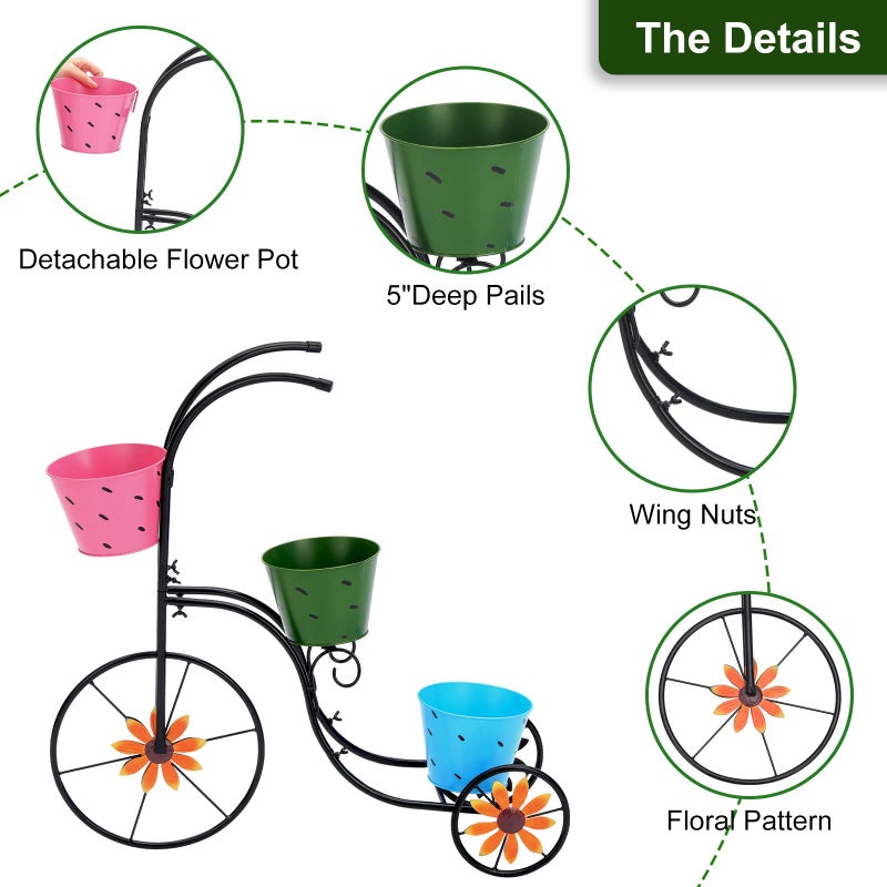 BAYN Bicycle Planter Stand, Metal Flower Pot Cart Holder with 3 Plant Bucket Outdoor Decorative for Patio, Deck, Garden or Lawn - Image 5