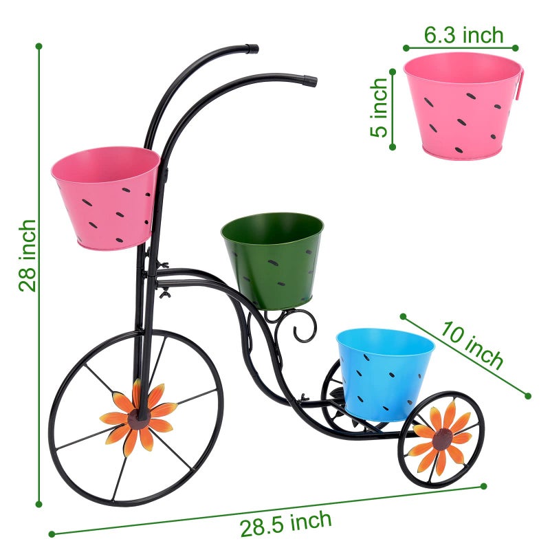BAYN Bicycle Planter Stand, Metal Flower Pot Cart Holder with 3 Plant Bucket Outdoor Decorative for Patio, Deck, Garden or Lawn - Image 3