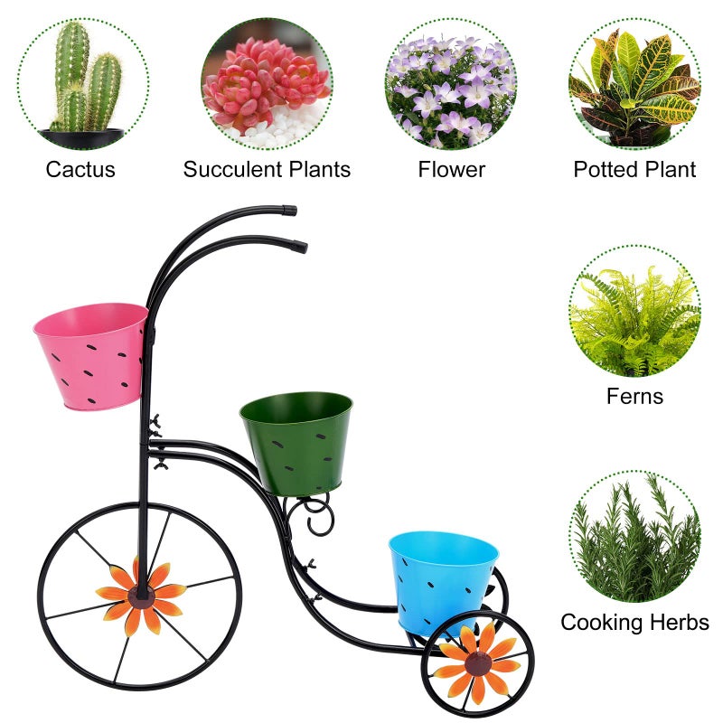 BAYN Bicycle Planter Stand, Metal Flower Pot Cart Holder with 3 Plant Bucket Outdoor Decorative for Patio, Deck, Garden or Lawn - Image 4