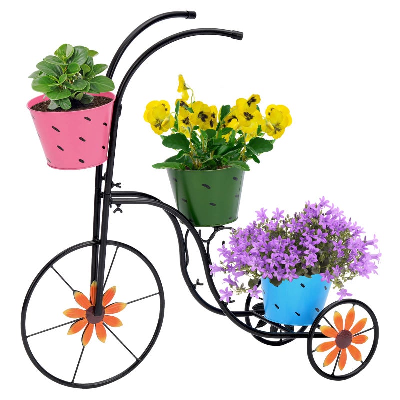 BAYN Bicycle Planter Stand, Metal Flower Pot Cart Holder with 3 Plant Bucket Outdoor Decorative for Patio, Deck, Garden or Lawn - Image 2