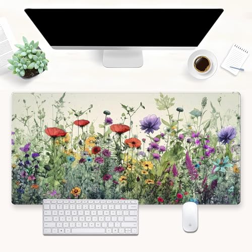 Shalysong Floral Desk Pad Mat Watercolor Flowers Desk Mat XL Large Gaming Mousepad Extended Aesthetics Laptop Computer Keyboard and Mouse Pad Office Desk Decor for Women 315 x 157 in - Image 1