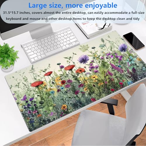 Shalysong Floral Desk Pad Mat Watercolor Flowers Desk Mat XL Large Gaming Mousepad Extended Aesthetics Laptop Computer Keyboard and Mouse Pad Office Desk Decor for Women 315 x 157 in - Image 3