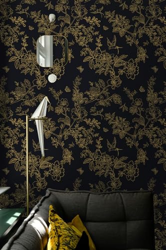 Froluya Black and Gold Wallpaper Peel and Stick Wallpaper 17.7"x118.1" Vintage Floral Boho Peel and Stick Wall Paper Dark Removable Self Adhesive Contact Paper for Bedroom Cabinets Shelf Liner Vinyl - Image 2