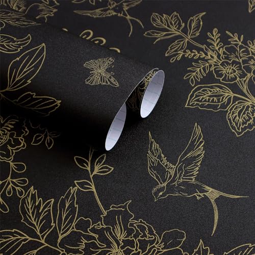 Froluya Black and Gold Wallpaper Peel and Stick Wallpaper 17.7"x118.1" Vintage Floral Boho Peel and Stick Wall Paper Dark Removable Self Adhesive Contact Paper for Bedroom Cabinets Shelf Liner Vinyl - Image 1