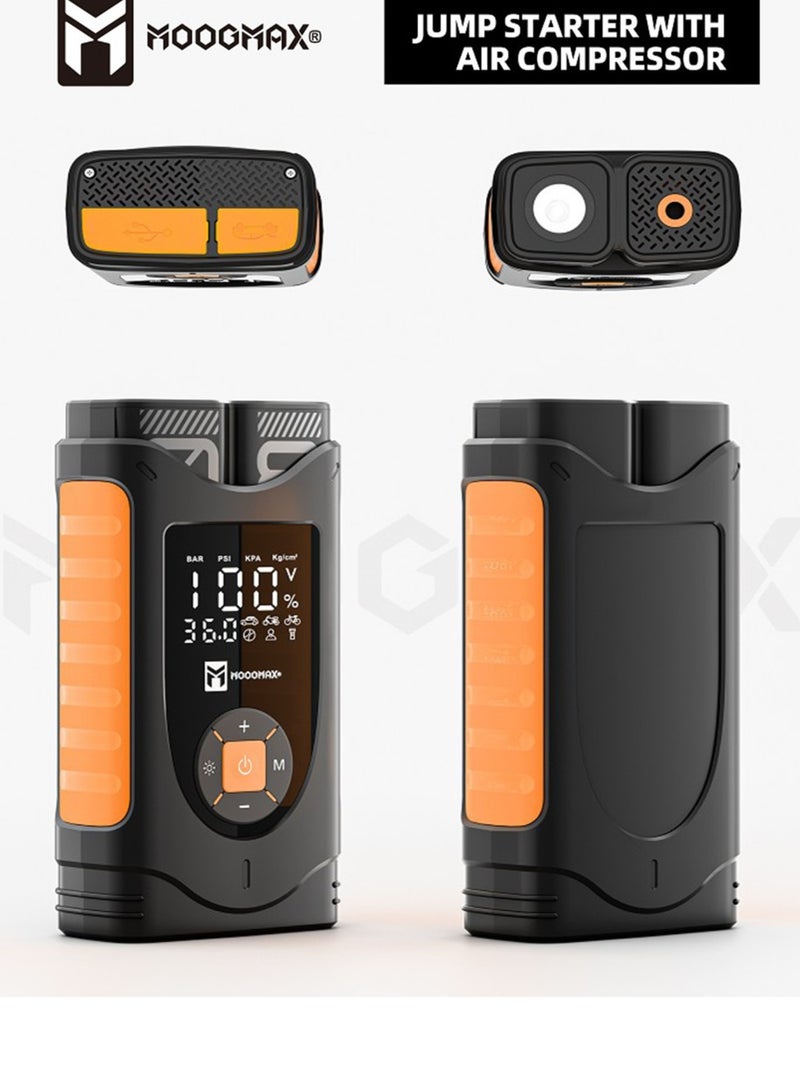 موجماكس اشتراك بطاريه سياره متنقل ببطارية 12000 مللي امبير. شاحن بطارية سيارة  متنقل 4 في 1 يعمل كاشتراك سيارة، منفاخ هواء اطارات السيارات، باور بانك، وكشاف ضوء لتلبية جميع مستلزمات السياره. منفاخ هواء كهربائي للسيارات قوي وسريع ولاسلكي يقوم بضاغط هواء للسيارة. شاحن بطارية سيارة لحالات الطوارئ لشحن بطارية سيارة. شاحن متنقل للجوال بقوة 12000 مللي امبير. - Image 2