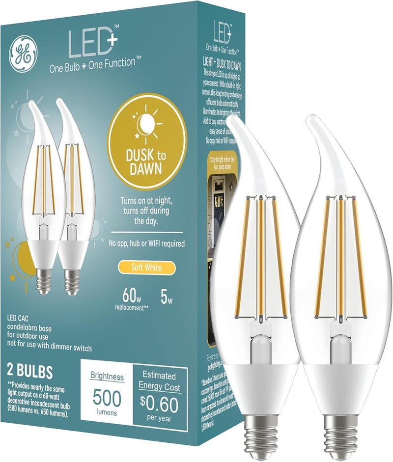 GE LED+ Dusk to Dawn LED Light Bulbs, Automatic On/Off Outdoor Security Lights, Soft White, E12 Candelabra Base (2 Pack) - Image 1