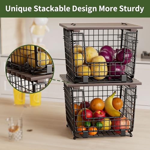 GGIU Wire Storage Basket For Kitchen Pantry and Counter - Stackable Wire Organizing Bin For Produce, Vegetable - Countertop Potato, Onion, Veggie Basket Brown - Image 3