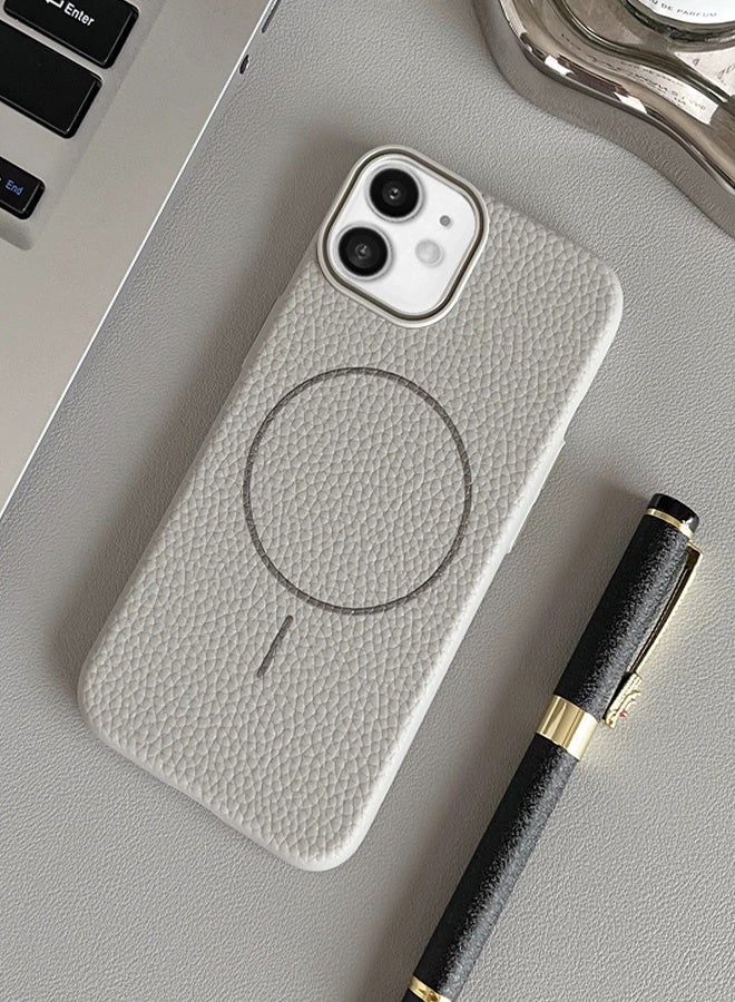 Magsafe Phone Case For iPhone 11 With High Quality Rubber Frame And Slim Lychee Pattern Leather Case with Camera Lens Protection Shockproof Cover And support wireless Charging Leather Cover for iPhone 11 - Grey  - Image 3