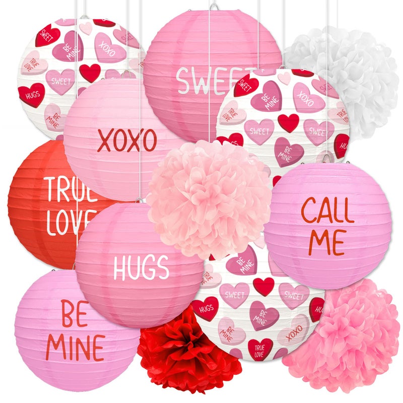 Renbuzhu 13PCS Valentines Day Decorations Pink Paper Lanterns Pom Poms Valentineâ€™s Conversation Hearts Party Hanging Decor Supplies for Wedding Anniversary Office - Image 1