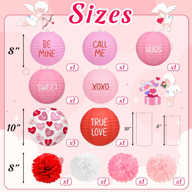 Renbuzhu 13PCS Valentines Day Decorations Pink Paper Lanterns Pom Poms Valentineâ€™s Conversation Hearts Party Hanging Decor Supplies for Wedding Anniversary Office - Image 3