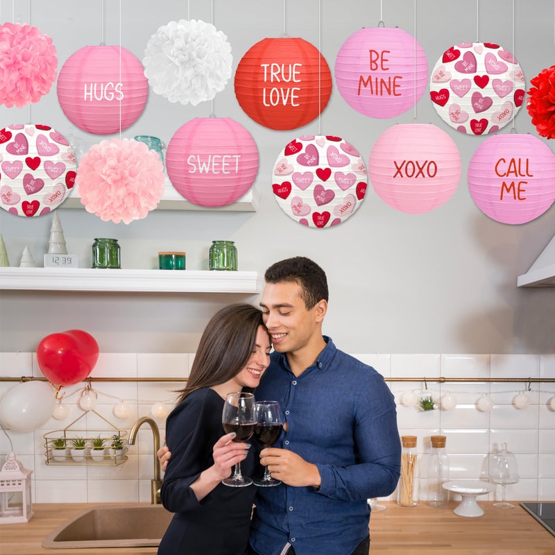 Renbuzhu 13PCS Valentines Day Decorations Pink Paper Lanterns Pom Poms Valentineâ€™s Conversation Hearts Party Hanging Decor Supplies for Wedding Anniversary Office - Image 4