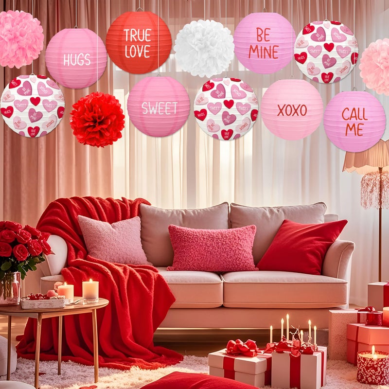 Renbuzhu 13PCS Valentines Day Decorations Pink Paper Lanterns Pom Poms Valentineâ€™s Conversation Hearts Party Hanging Decor Supplies for Wedding Anniversary Office - Image 5