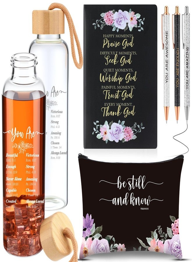 Resholder 6 Pcs Christian Gifts Set for Women Glass Bottle, Makeup Bag, Ballpoint Pens, Religious Scripture Notebook Inspirational Gifts for Sunday School Church(Black) - Image 1