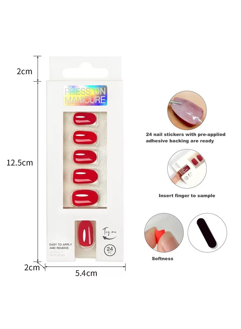 Press On Nails, 24 Gel Nails Kit, False Nails, Reusable Stick On Nails in variable Sizes, Rounded Style, Full Well Tips, Shimmery Finish, False Nails press on, impress nails, stick on nails=Bright Red - Image 1