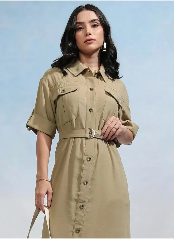 Tokyo Talkies Collared Shirt Midi Dress with Flap Pockets by Styli