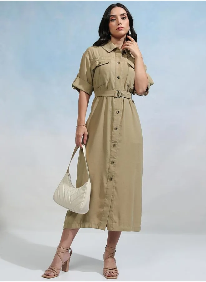 Tokyo Talkies Collared Shirt Midi Dress with Flap Pockets by Styli