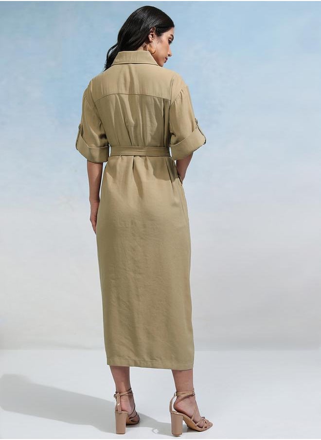 Tokyo Talkies Collared Shirt Midi Dress with Flap Pockets by Styli  - Image 3