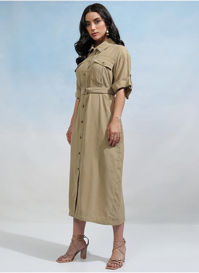 Tokyo Talkies Collared Shirt Midi Dress with Flap Pockets by Styli  - Image 4