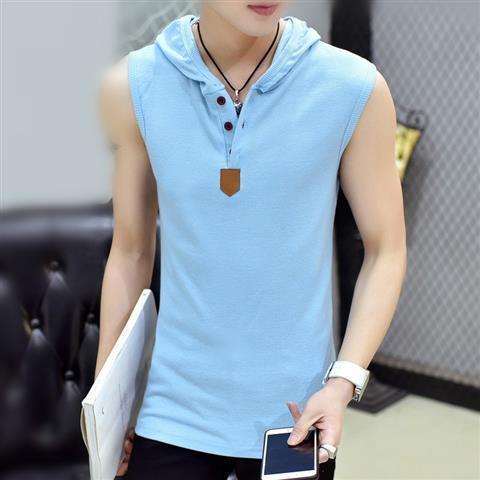 Summer Hooded Sleeveless Vest Waistcoat Korean Style Slim Fit Fitness Sports Casual Mens Short-sleeved T-shirt T-shirt V-neck Trendy sky blue hooded 99181