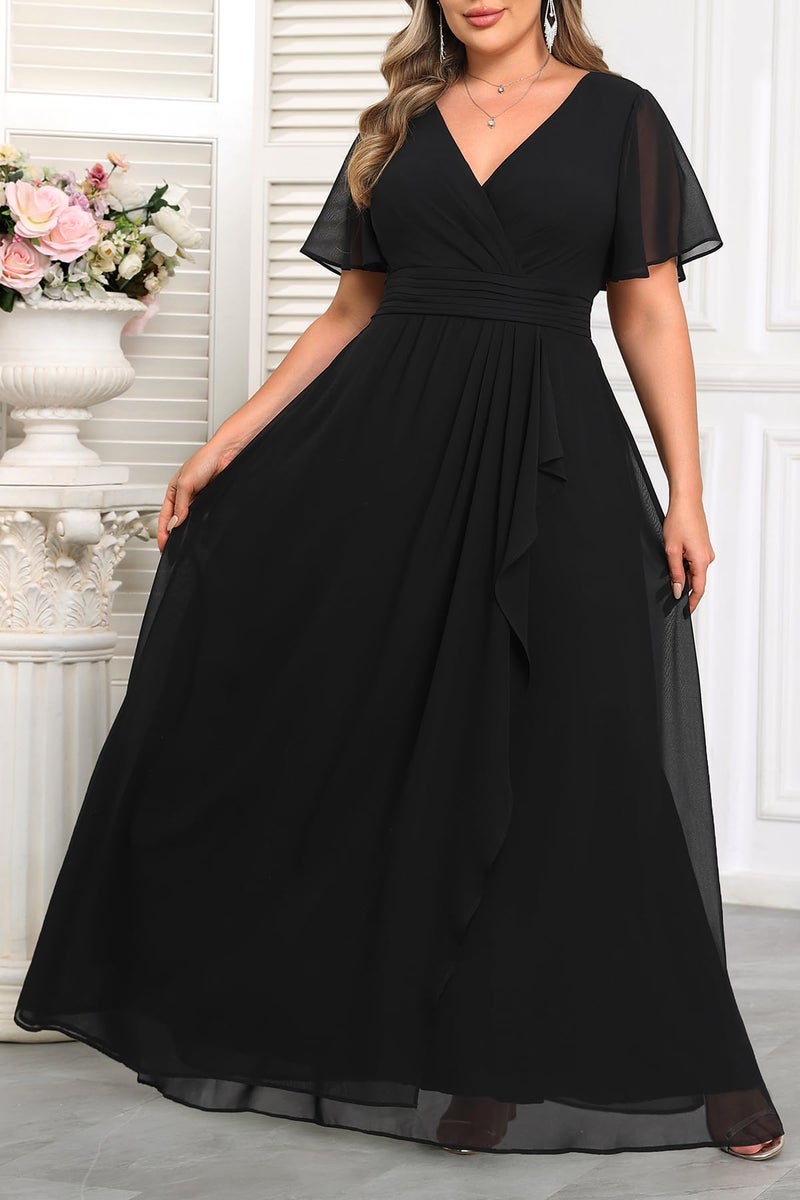 Talisea Plus Size Formal Dresses Black Wedding Guest Evening Prom Gowns Gala Chiffon Short Sleeves A Line Long Dress Curvy Women - Image 5