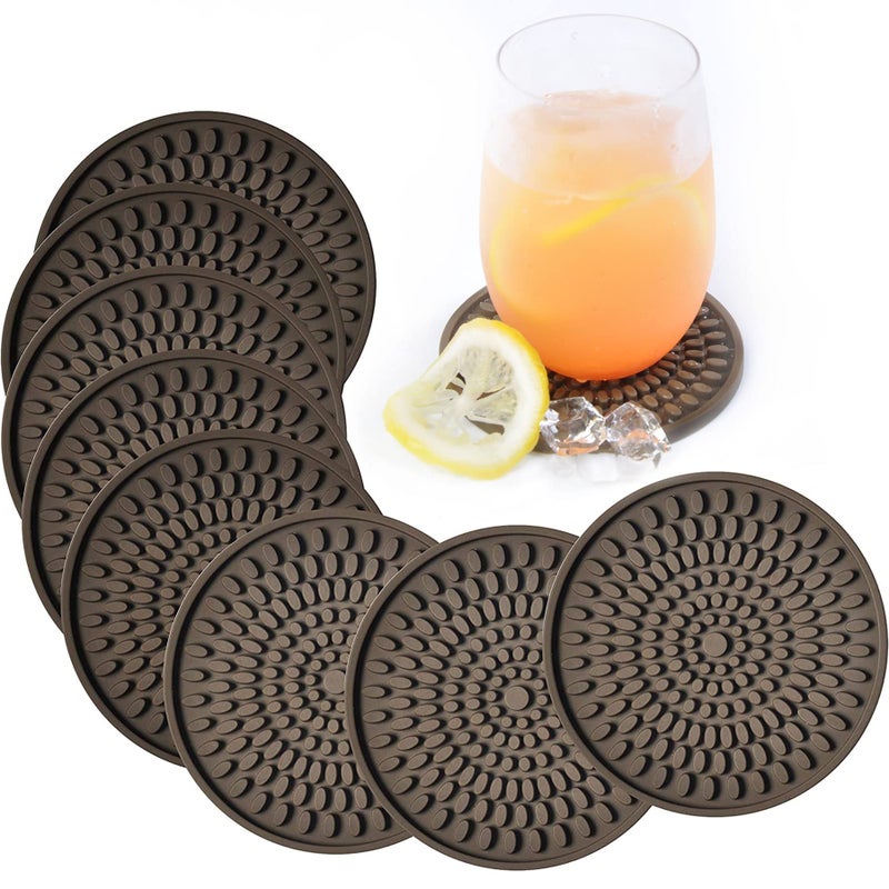 KindGa Coasters for Drinks Absorbent, Rubber Brown Coasters Set of 8, Large Silicone Drink Coaster for Furniture Protection, Deep Tray 4.3 Inch Oval Shape Reusable Heat-Resistant Mat - Image 1