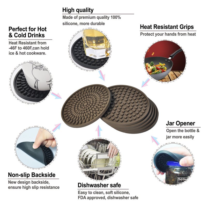 KindGa Coasters for Drinks Absorbent, Rubber Brown Coasters Set of 8, Large Silicone Drink Coaster for Furniture Protection, Deep Tray 4.3 Inch Oval Shape Reusable Heat-Resistant Mat - Image 3