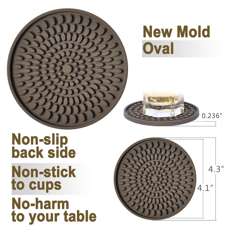 KindGa Coasters for Drinks Absorbent, Rubber Brown Coasters Set of 8, Large Silicone Drink Coaster for Furniture Protection, Deep Tray 4.3 Inch Oval Shape Reusable Heat-Resistant Mat - Image 5