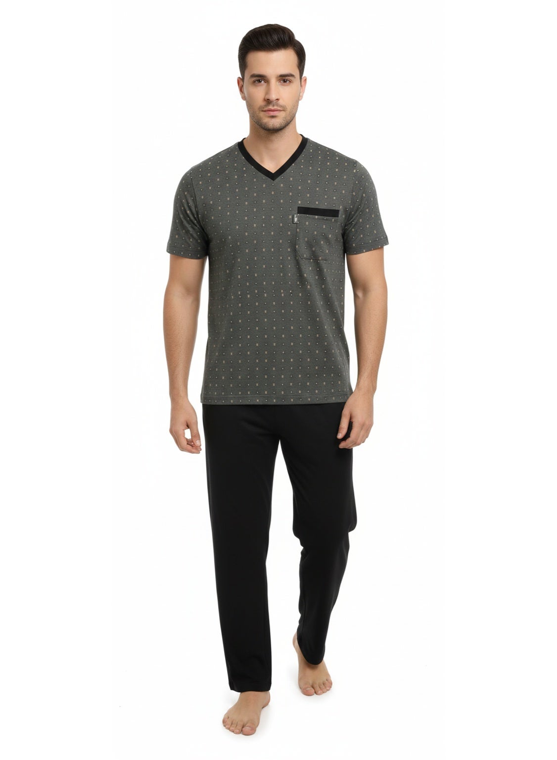 Men Summer Pajama Set Printed Top & Plain Bottom