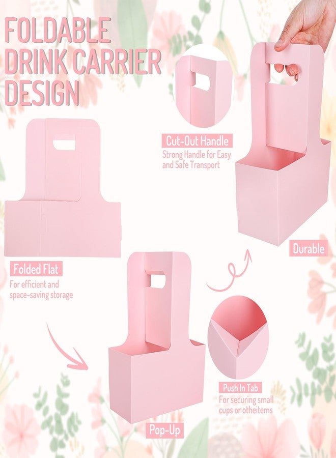 Whaline Pink Kraft Flower Gift Bags 20Pcs Drink Carriers with Handle to 2 Cup Floral Wrap Packing Box Paper Holder Baskets for Mother's Day Valentine's Day Wedding Baby Shower Birthday Party Decor - Image 3
