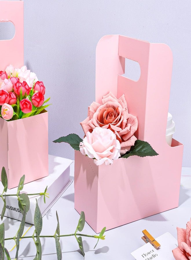 Whaline Pink Kraft Flower Gift Bags 20Pcs Drink Carriers with Handle to 2 Cup Floral Wrap Packing Box Paper Holder Baskets for Mother's Day Valentine's Day Wedding Baby Shower Birthday Party Decor - Image 4