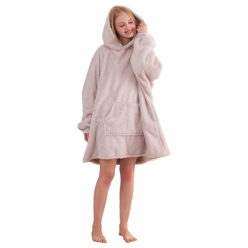 KORBLISS Korbliss Wearable Blanket Hoodie  Oversized Faux Rabbit Fur Wearable Fleece Sweatshirt Blanket with Giant Hood Pocket and Sleeves for Adult  Warm & Cozy Ivory Grey Blanket Gifts for Women - Ivory Grey - Image 2
