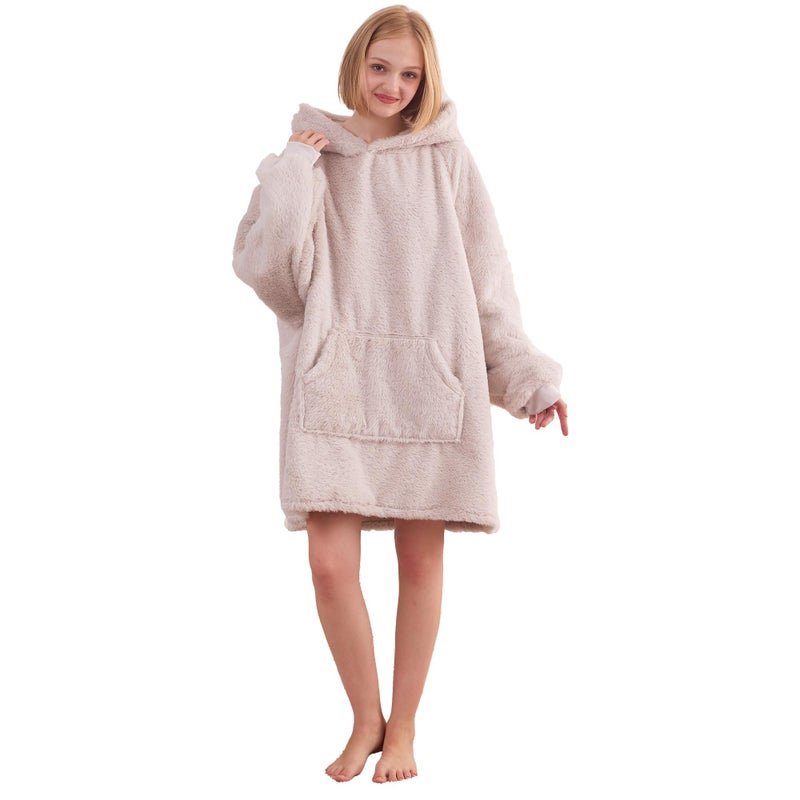 KORBLISS Korbliss Wearable Blanket Hoodie  Oversized Faux Rabbit Fur Wearable Fleece Sweatshirt Blanket with Giant Hood Pocket and Sleeves for Adult  Warm & Cozy Ivory Grey Blanket Gifts for Women - Ivory Grey - Image 1
