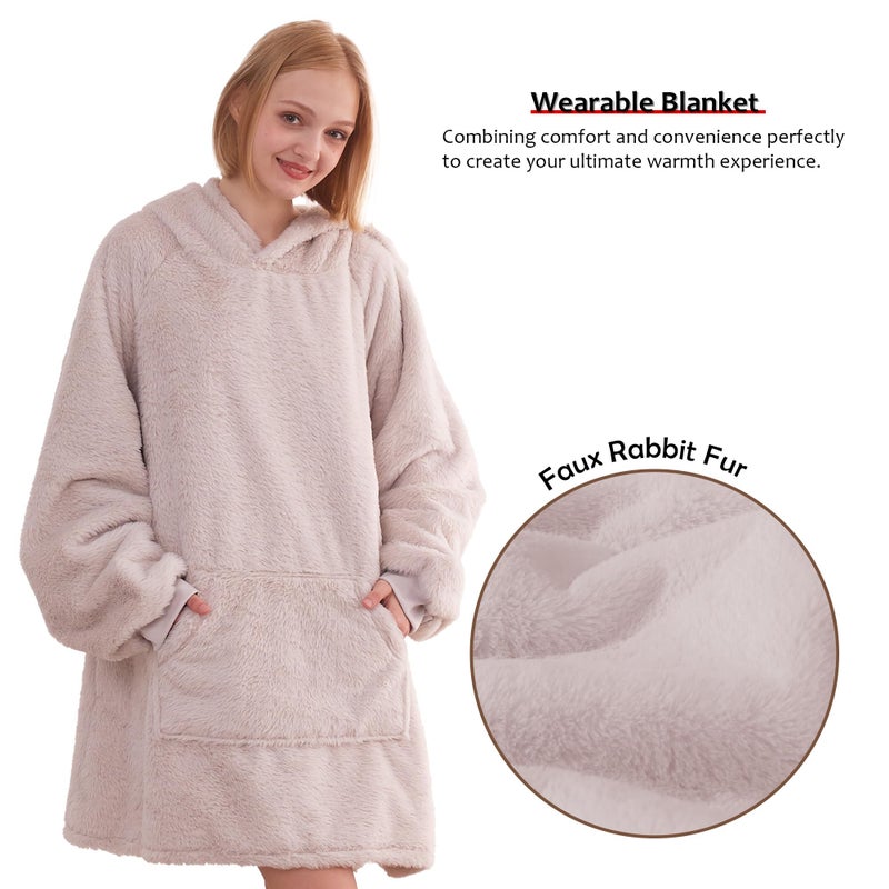 KORBLISS Korbliss Wearable Blanket Hoodie  Oversized Faux Rabbit Fur Wearable Fleece Sweatshirt Blanket with Giant Hood Pocket and Sleeves for Adult  Warm & Cozy Ivory Grey Blanket Gifts for Women - Ivory Grey - Image 3