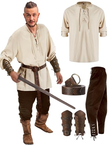 Jiuguva 4 Pcs Halloween Men's Renaissance Costume Set Medieval Pirate Shirt Ankle Banded Pants Viking Belt Accessories (Vintage Color,X-Large) - Image 3
