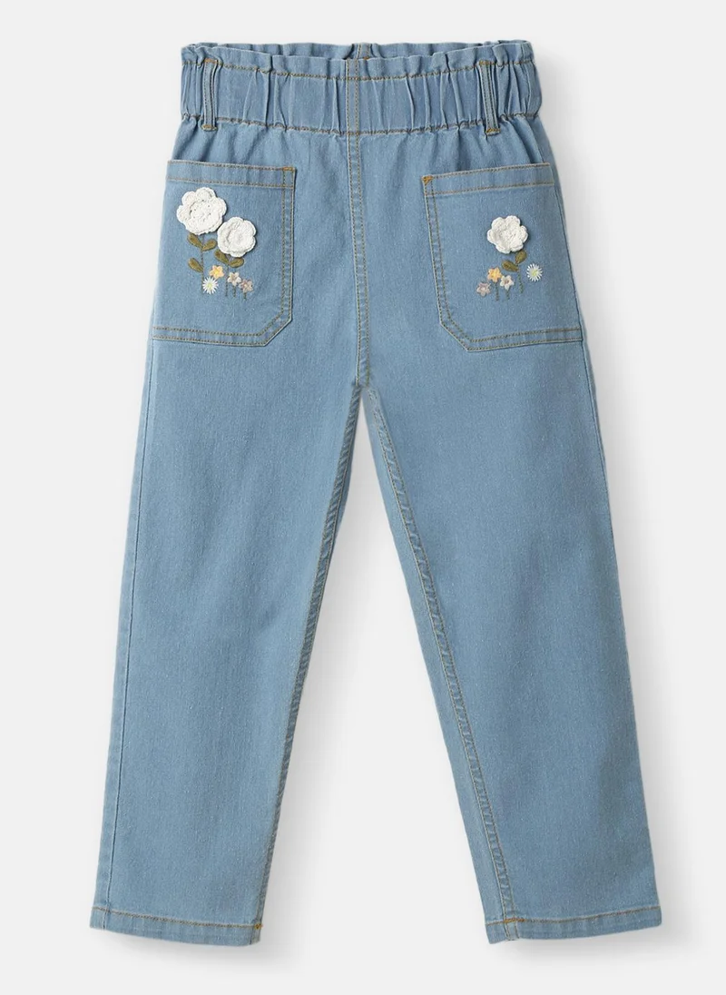 نوتيناتي Nautinati Girls' Crochet Flowers Cotton Denim Jeans with Patch Pockets
