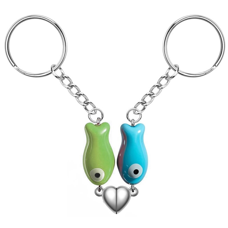Agromusk Matching Heart Keychain,Cute Ceramic Fish Matching Couples Stuff Keyrings,Valentines Day Gifts for Him Her (Green&Blue)