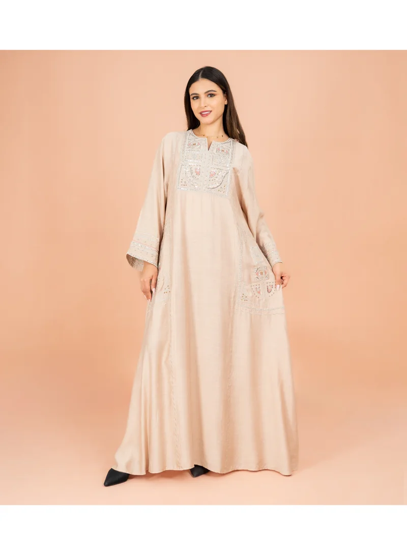 IKKXA Solid Jalabiya Crystal Details Wide Cut Arabisque IK603 Beige