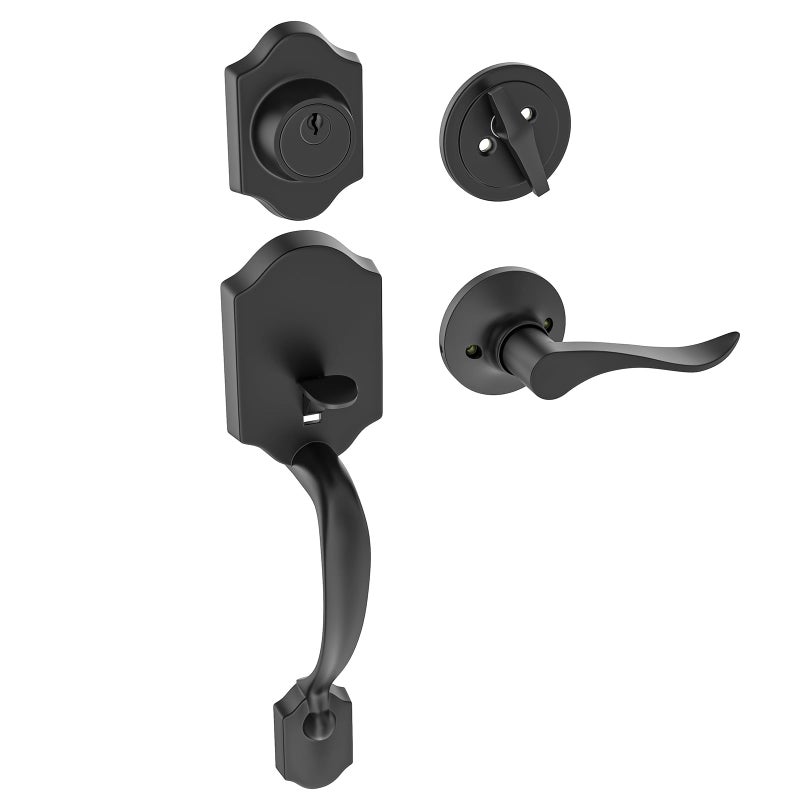 Hosom Matte Black Front Door Handle With Deadbolt, Door Handle Exterior, Door Lock Set, Door Lever With Single Cylinder Deadbolt Reversible For Right And Left Handed - Image 1
