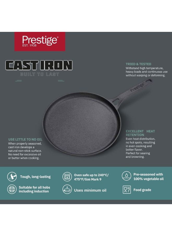 Prestige - Prestige Cast Iron Flat Tawa 24 cm | Induction Base Tawa Pan for Dosa/Roti/Chapati with Stick Handle | Pre-Seasoned Cast Iron Cookware - PR48891 Black - Image 1