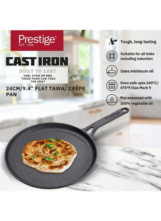 Prestige Prestige Cast Iron Flat Tawa 24 cm | Induction Base Tawa Pan for Dosa/Roti/Chapati with Stick Handle | Pre-Seasoned Cast Iron Cookware - PR48891 Black