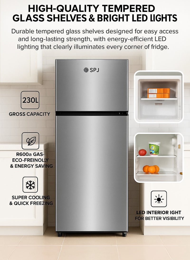 SPJ 230 L Double Door Refrigerator – 166 L Net Capacity, R600a Energy Saving Gas, Vegetable Crisper, Adjustable Glass Shelves, Convenient Defrost & Temperature Control | RF-INY229C - Image 5