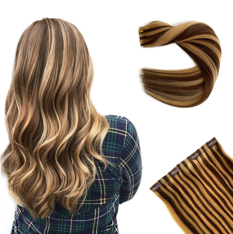 Remy Clip in Hair Extensions Human Hair Skin Weft Hair Extensions Chocolate Brown to Caramel Blonde Highlights Real Hair Extensions Clip ins for WomenOne Piece Seamless Weft Clip in Hair 80G 16 Inch