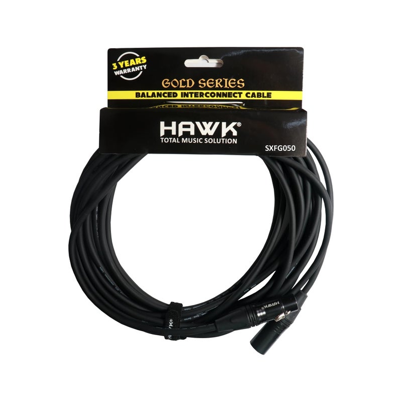 Hawk Total Music Solution SXFG050 Gold Series XLR Male to XLR Female Balanced Mic Cable with Hawk Connectors 15 meters length, Black Colour with Cable Tie. - Image 5