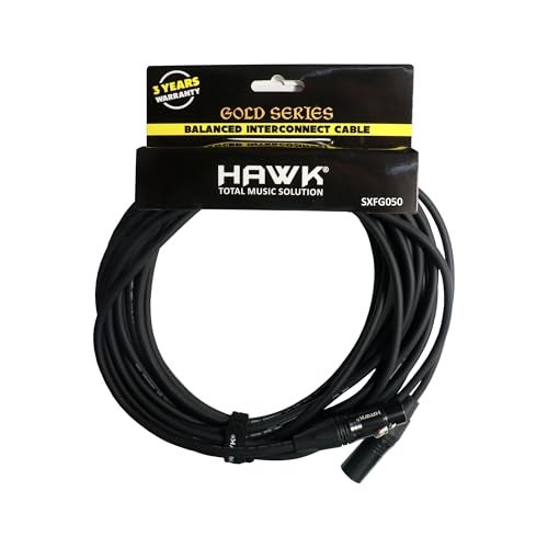 Hawk Total Music Solution SXFG050 Gold Series XLR Male to XLR Female Balanced Mic Cable with Hawk Connectors 15 meters length, Black Colour with Cable Tie. - Image 1